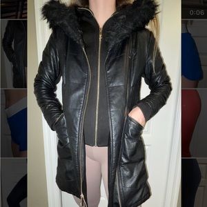 Selling my used black leather GUESS coat!